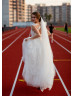 Boat Neck Ivory Lace Tulle Keyhole Back Outdoor Wedding Dress